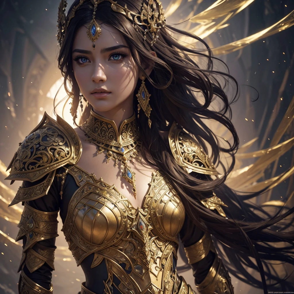 a gorgeous alhambran battle princess, covered in liquid glass, ornate kaleidoscopic rendering, detailed facial features, cinematic lighting, intricate armor, dramatic pose, highly detailed, photorealistic, 8k, masterpiece