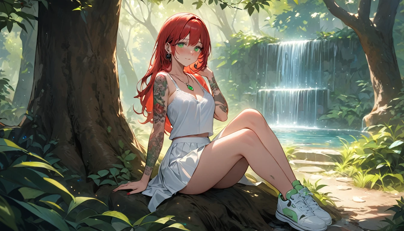 (Best Quality, Masterpiece, ultra high resolution, ultra detailed:1.2) Female gender Beautiful green eyes and melancholic expression Long red hair Light and freckled skin Wears a top with a bra shirt Wears a white silk mini skirt Footed with white cloth shoes Sitting under a tree in a forest Next to a natural fountain Porta a necklace of precious stones Has tattoos on her arms She wears long, striking earrings She holds a book of poetry in her hands She listens to soft music through headphones She smiles slightly while observing the nature around her