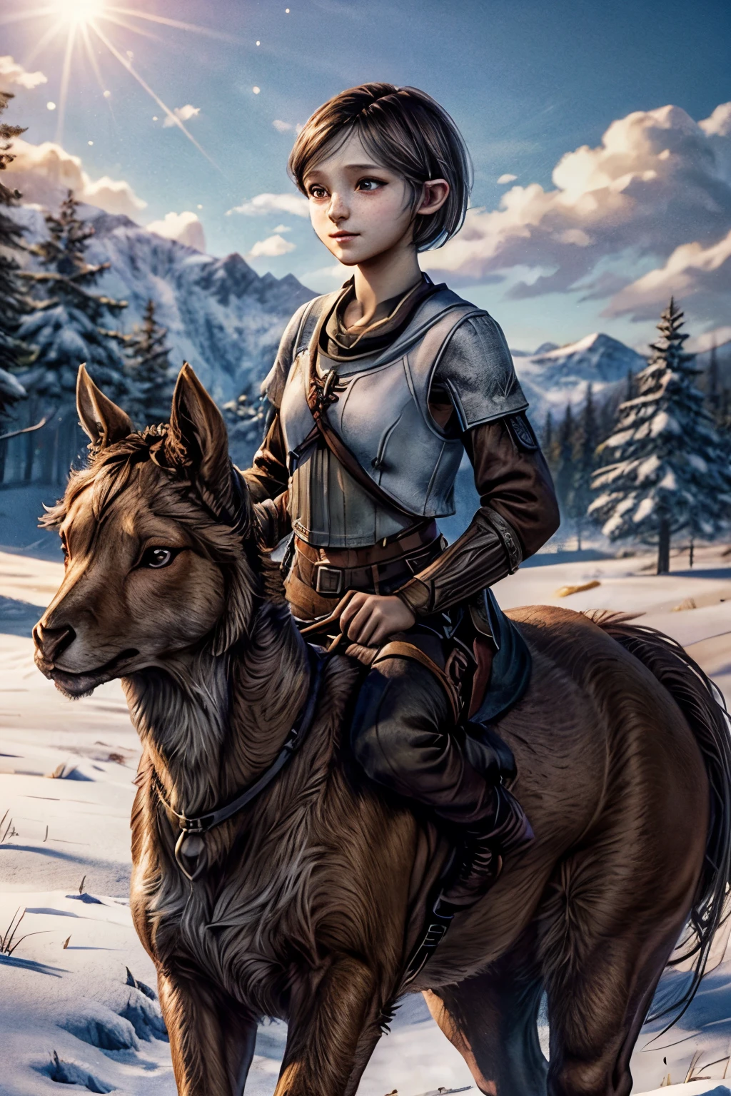 A young female centaur. Fantasy setting. Very short hair. Short manly haircut. Dark-brown hair with a undercut. Very pale skin with freckles and liverspots. Round soft face. Round soft chin. Round soft cheeks. Curved lips. Long wide nose. Dark brown eyecolour. Upturned eyes. Very thin barely visible eyebrows. Long neck. Slim. . Centaur under body. Brown fur. Running. Looking happy. Tomboyish. Wearing a black medieval fantasy bra. In An open field. Its winter but the sun is shining. Blue sky.