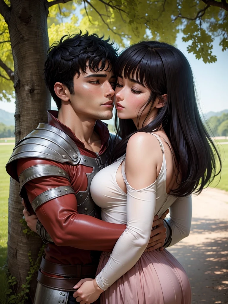 Guts kissing casca under a tree while holding her in to his arms
