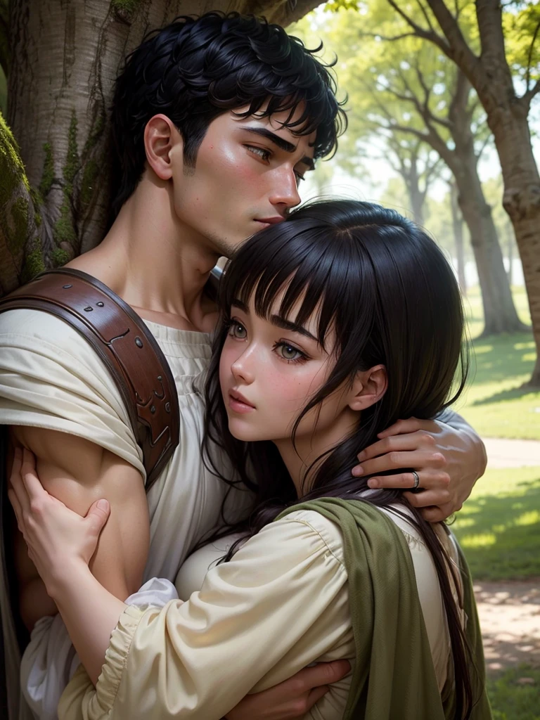 Guts kissing casca under a tree while holding her in to his arms