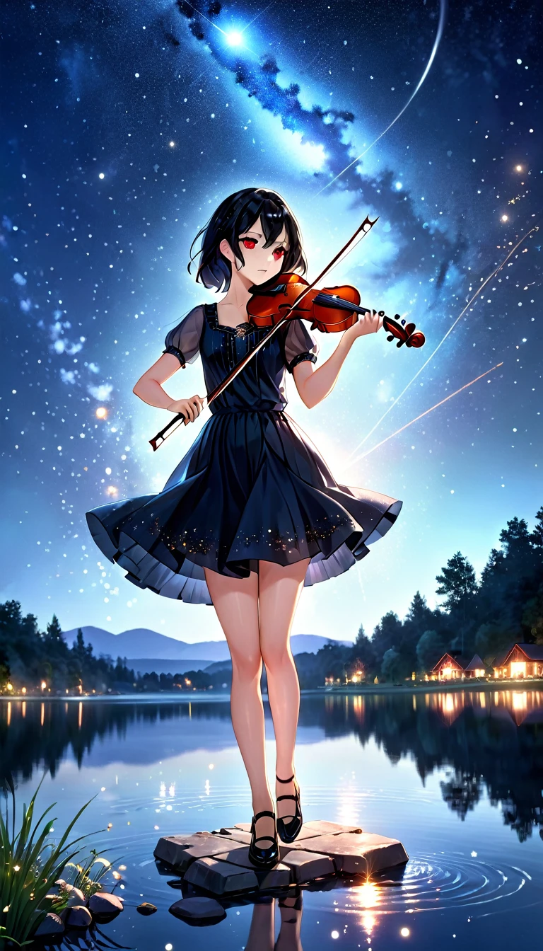 A girl playing the violin, with black hair and glassy red eyes, a serious gaze, under a night sky filled with stars and a single comet. She is positioned over a lake, depicted in a full shot. The scene is sprinkled with light particles and has a bokeh effect. Requesting high quality, high resolution, a masterpiece, and the best shot.
