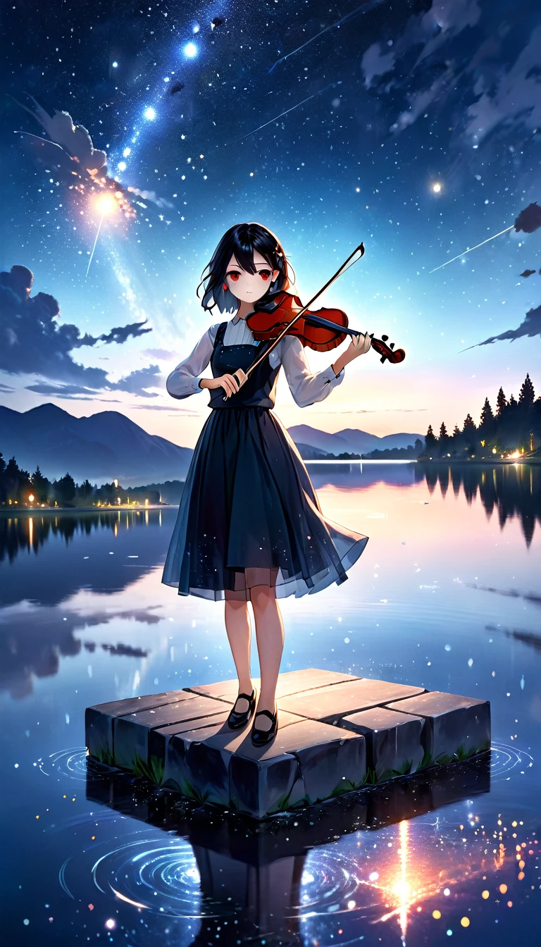 A girl playing the violin, with black hair and glassy red eyes, a serious gaze, under a night sky filled with stars and a single comet. She is positioned over a lake, depicted in a full shot. The scene is sprinkled with light particles and has a bokeh effect. Requesting high quality, high resolution, a masterpiece, and the best shot.
