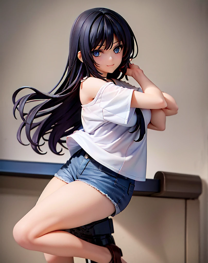 young girl of 15 years, long haired redhead with blue eyes, Short white off-the-shoulder shirt, bright blue short jean shorts, serious look, pose sexy, SMILE, smiling, short brown boots with white, hugging with black hair and long hair girl in tight black shirt, short denim shor