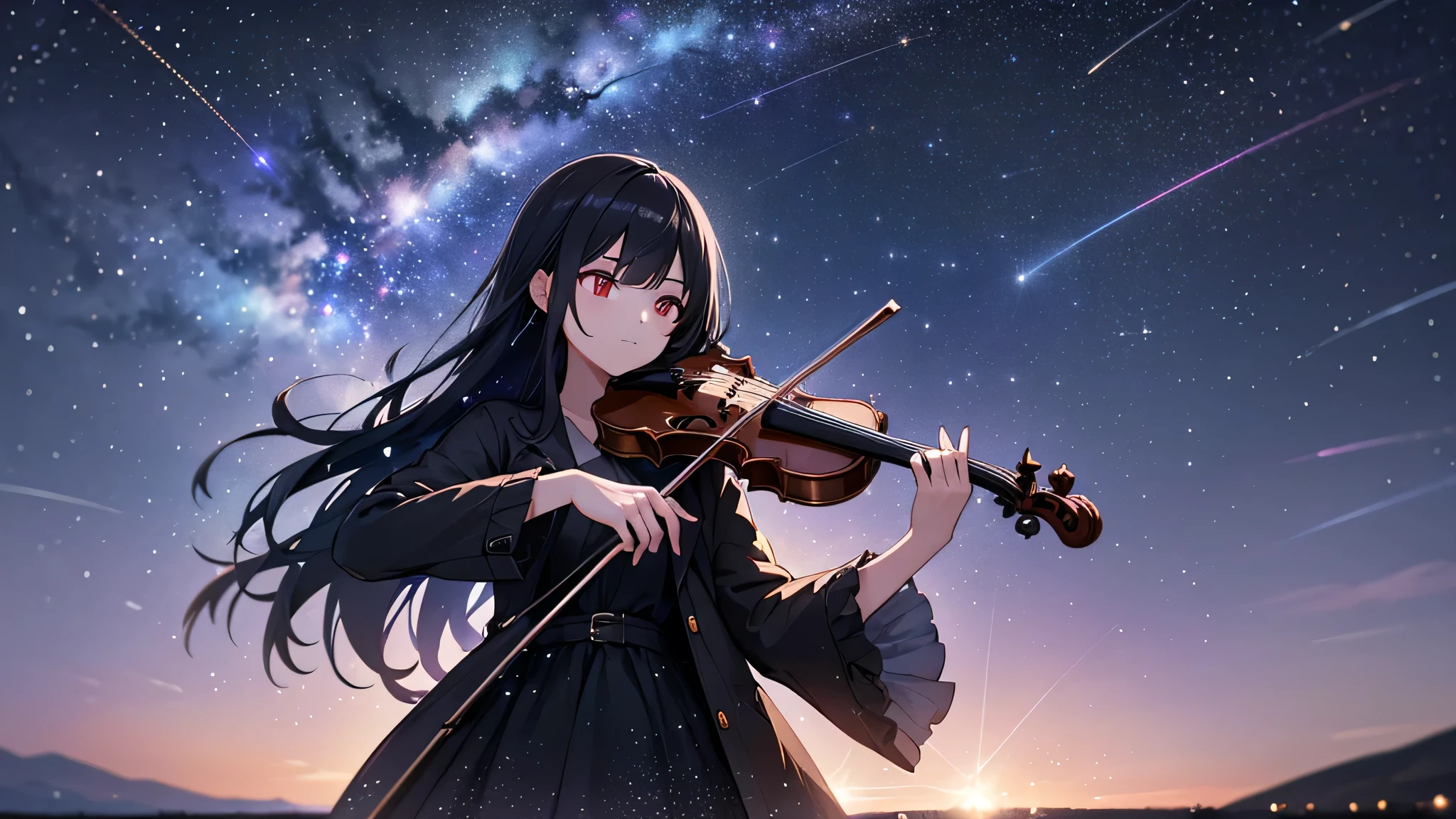 A girl playing the violin, with black hair and glassy red eyes, a serious gaze, under a night sky filled with stars and a single comet. She is positioned over a lake, depicted in a full shot. The scene is sprinkled with light particles and has a bokeh effect. Requesting high quality, high resolution, a masterpiece, and the best shot.