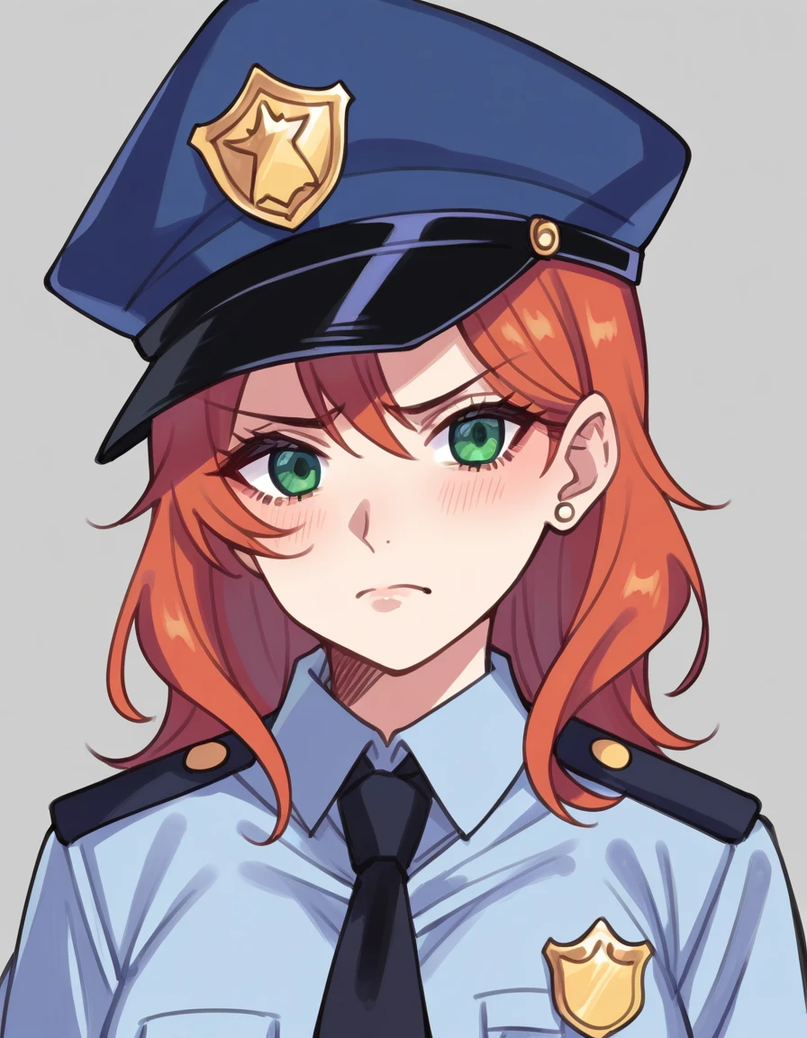 There is a woman in a police uniform, official, police official, (Yoshida Yuuko), sad police, Attire: cop, redhead woman, yoshida yuuko wearing a police uniform, high resolution commission, sheriff woman, Lois van Baarle y Rossdraws, bottomless, leotard blue, bare legs, standing, (((his hands are behind his body)),((The whole body is tightly bound.)) in jail, tapegag,