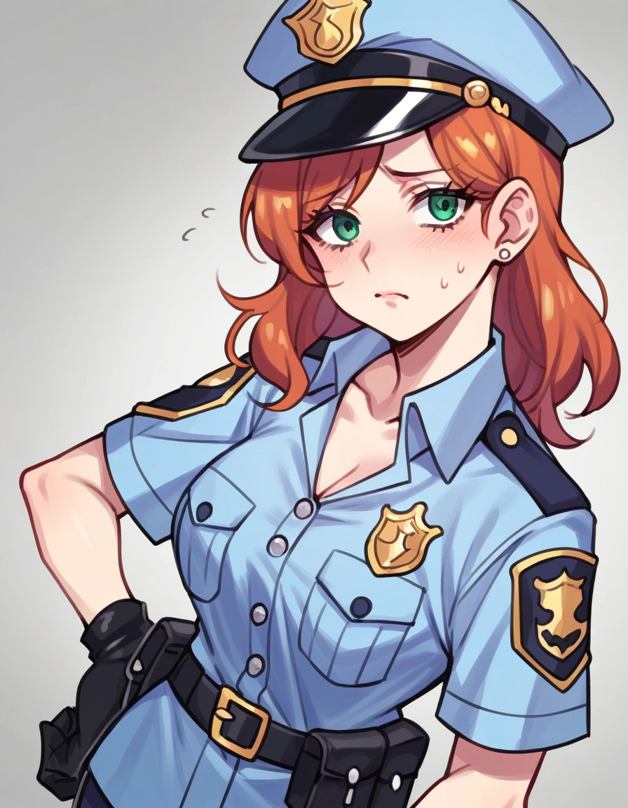 (masterpiece, best quality), 1girl(beautiful face, gwendolyn_tennyson, breasts, orange hair,  short hair, green eyes,  half-closed eyes),detailed face, a weary face, parted lips,  nose blush, blush, facing viewer, looking at viewer, solo, head tilt, police woman,  low blue shirts, belts,  dark blue  skirt,  ultra mini skirt,  brown pantyhose,  police hat, white gloves,  office,  on the chair,  sitting,  spread legs, sexy waist teasing,  Full-body 