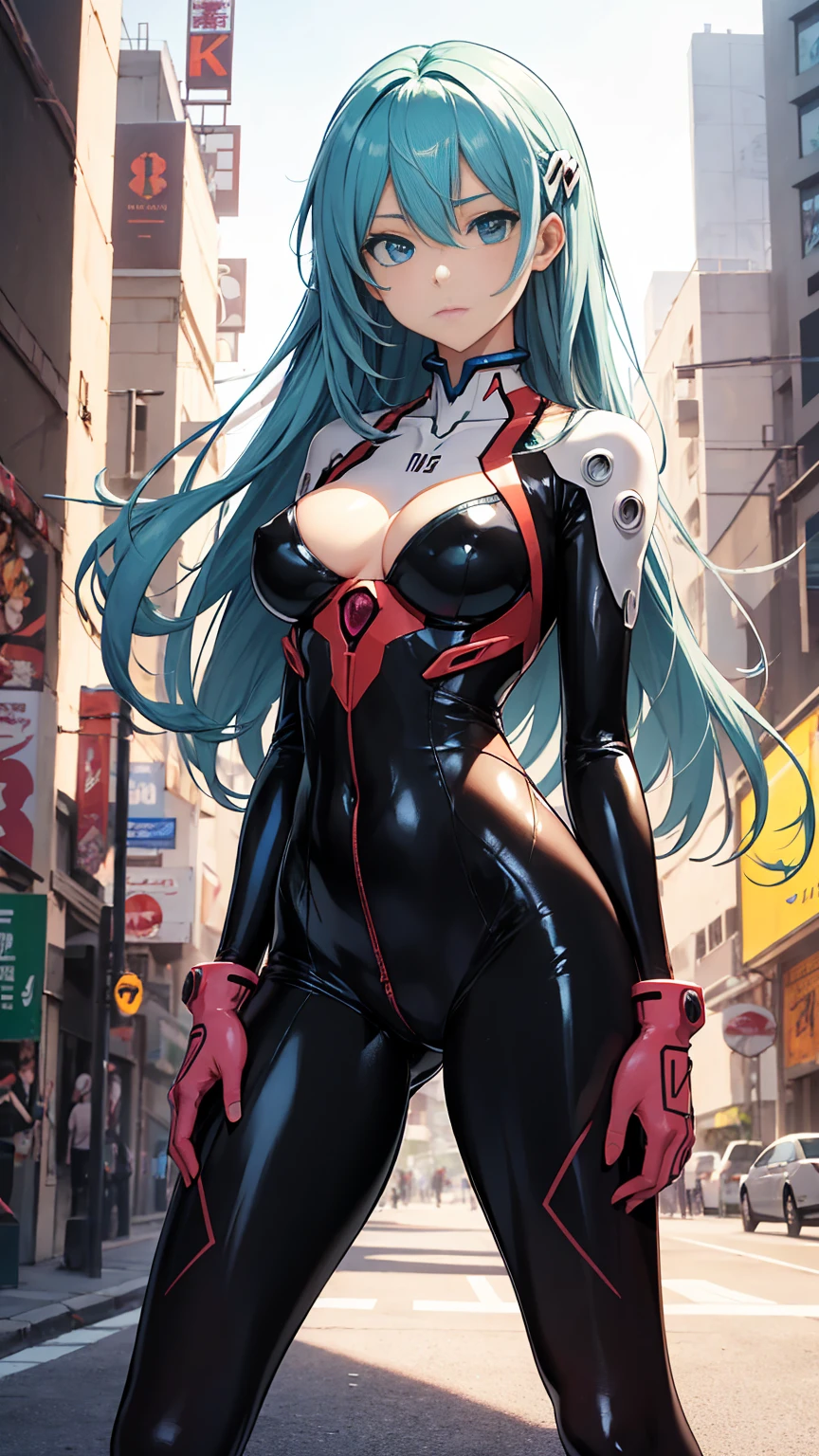 Blue Mini skirt Sharp picture for girl in outfit posing in the middle of a city street, full body ! suit, thicc, in a skintight dress, fullbodysuit, wearing tight suit, in spandex suit, ( ( big tits ) ), character is in her natural pose, suit, tight attire, body suit, rin sports latex cute