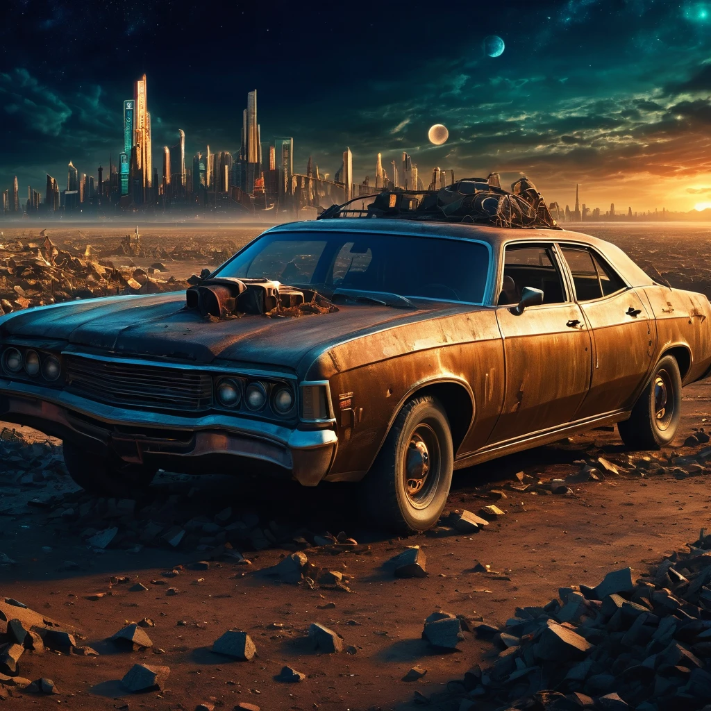 (best quality, high resolution, Extremely sharp), magic, Wasteland of Doom , City, car, people, On the curvature of post-apocalyptic spacetime, In the dark night, Art Deco, tangled, 3d crunch, Movie, Extreme post-apocalyptic landscape