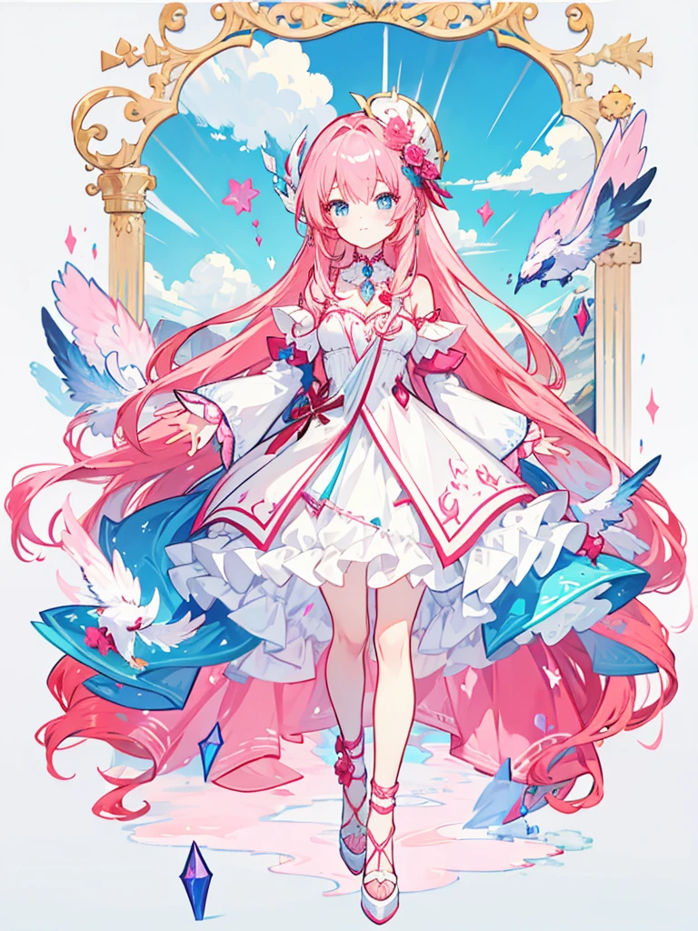 fantasy world girl with colorful hair, accessories, detailed clothes, pink hair, blue eyes, white and red clothes 
