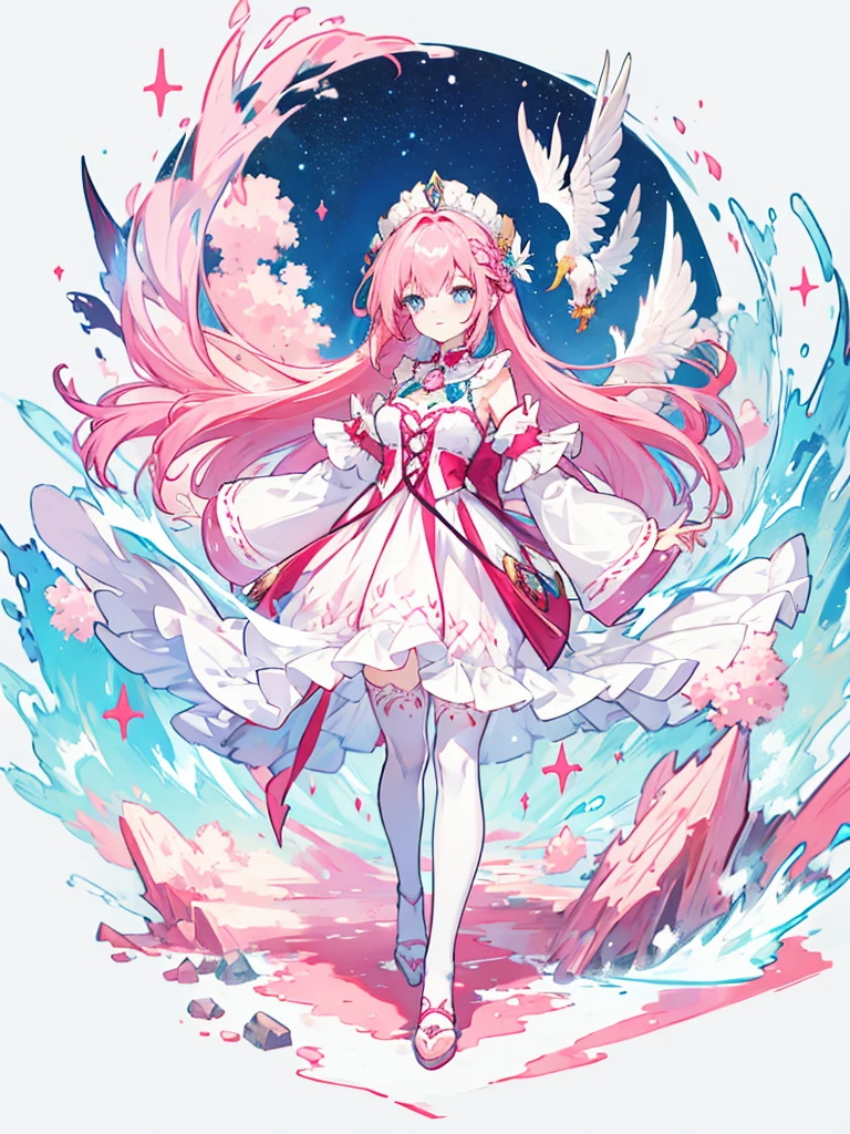 fantasy world girl with colorful hair, accessories, detailed clothes, pink hair, blue eyes, white and red clothes