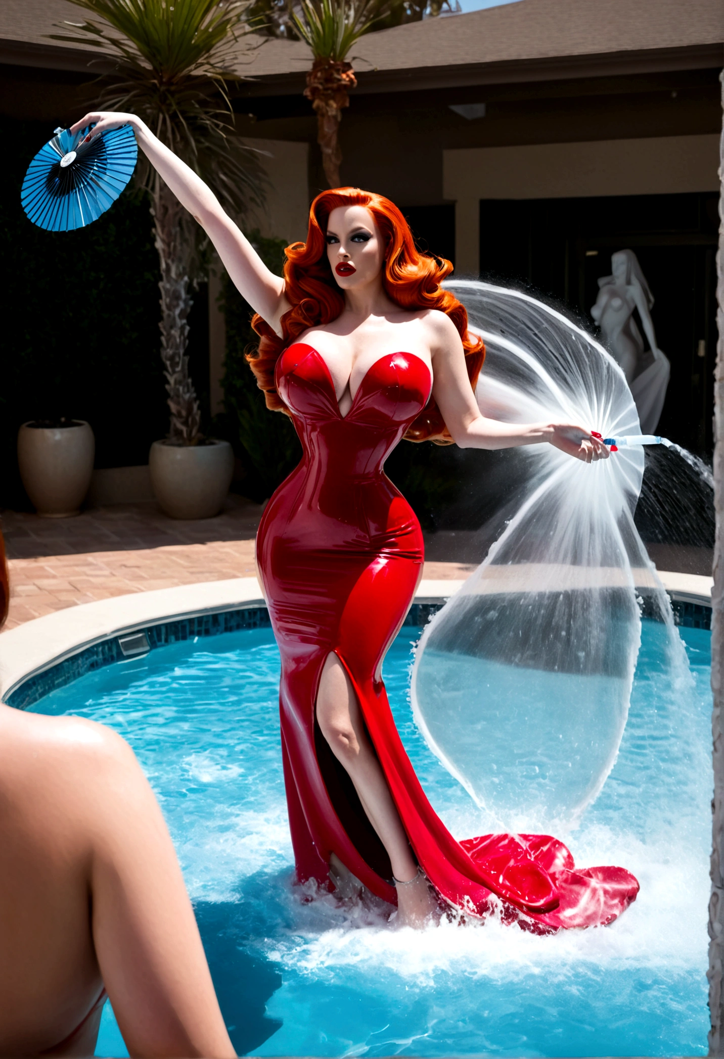 (Jessica Rabbit) is doing a glamour shoot, she is exiting a pool an takes a moment to hair toss sending out a fan of water, action shot