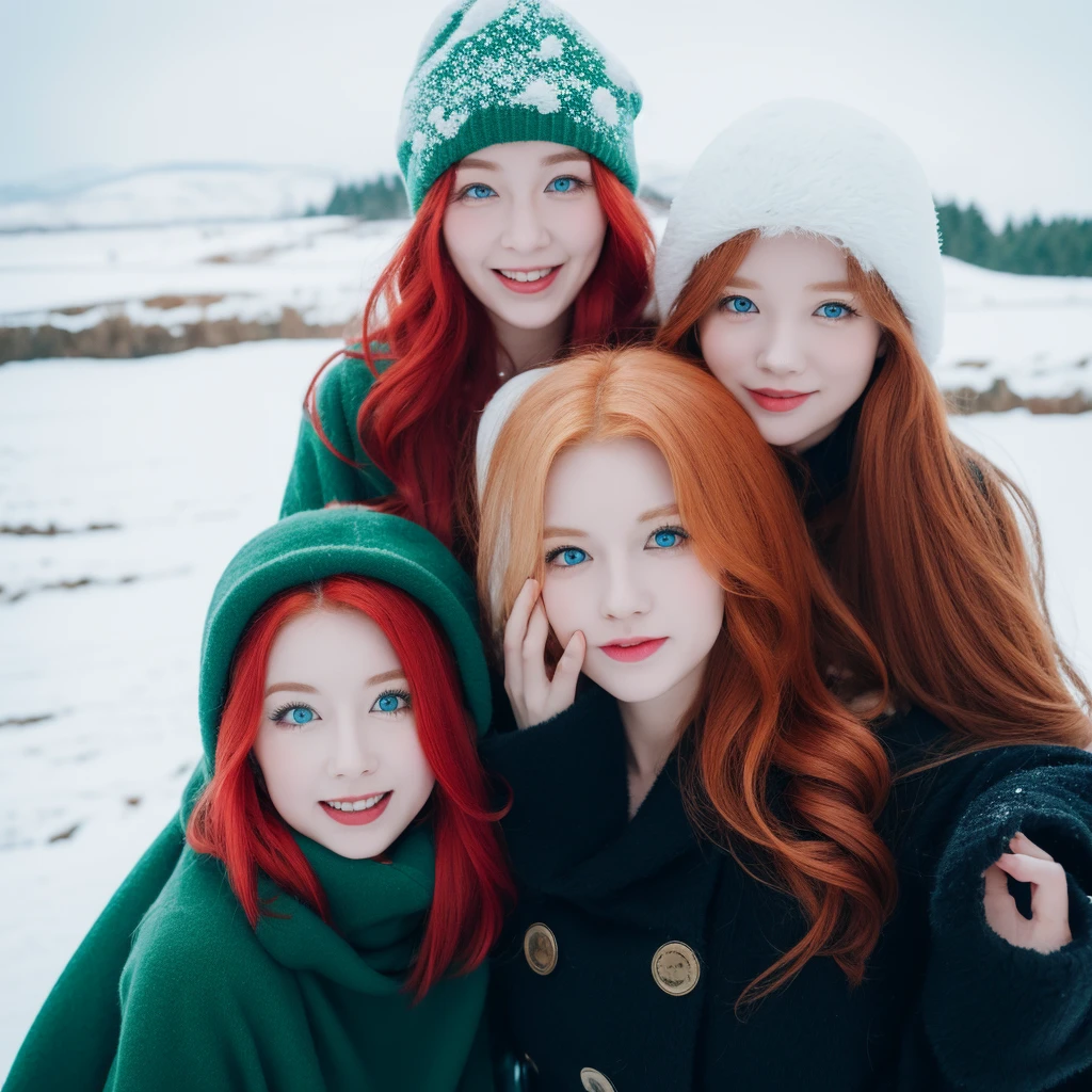 A red-haired Asian girl with wavy hair and greenish eyes, with her two blue-eyed blonde friends taking a photo in the snow with ushanka having fun