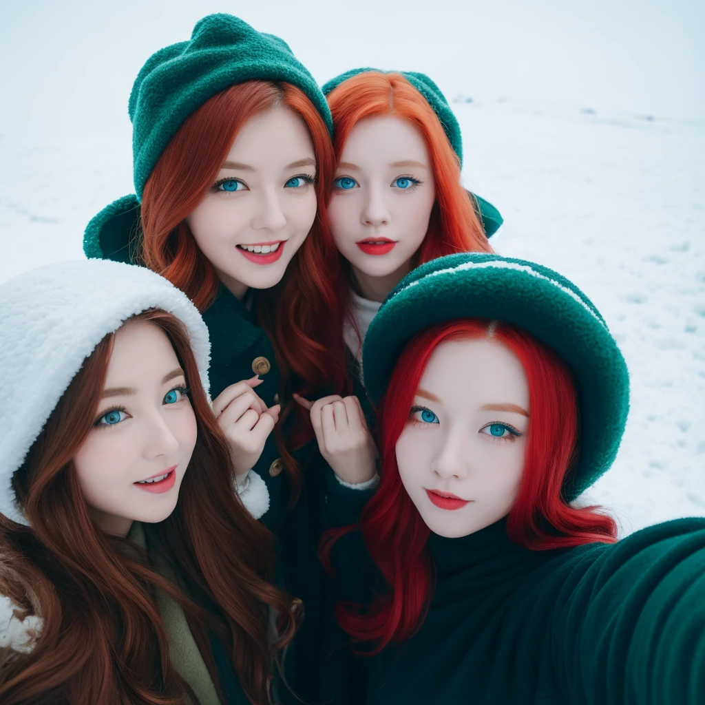 A redheaded Asian woman with wavy hair and green eyes, with her blue eyed blonde friend taking photo in the snow with ushanka having fun