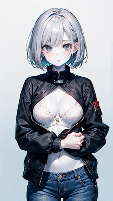 (AkiyamaYukari:1.25),

One Woman,

(Silver Hair:1.5),
(Short Hair,)Bobcut,

Late 30s,Natural skin texture,Narrow waist,Thin type,
(White Skin:1.9),low length,Japanese Girl,,
Black Eyes,Small breasts,Belly button,

((((Black cleavage-baring jacket)))),
(((Jeans pants:Lower to waist))),
((Hip Hugger Underwear:1.3)),
(Black corset:1.1),

((ID photo:1.8,Plain cerulean blue background:1.6,Capture your subject from the front)),
expression(anger),upright posture,Closed Mouth,narrowed eyes,blush,


Natural depiction,
Beautiful depiction,
Shiny eyes,
Healthy Body,
Natural hairstyle,
Natural body contours,
Natural facial contours,
(Five fingers)Absolute depiction,Symmetrical fingers,
Two arms,
Two legs,
Sharp eyelid depiction,
Symmetrical eyes,Symmetrical eyes,
Keep the subject in the center,Expand the upper body,
Beautiful image quality,
Delicate shades,
4K,Very detailed,
Delicate light adjustment,
Delicate contour drawing,