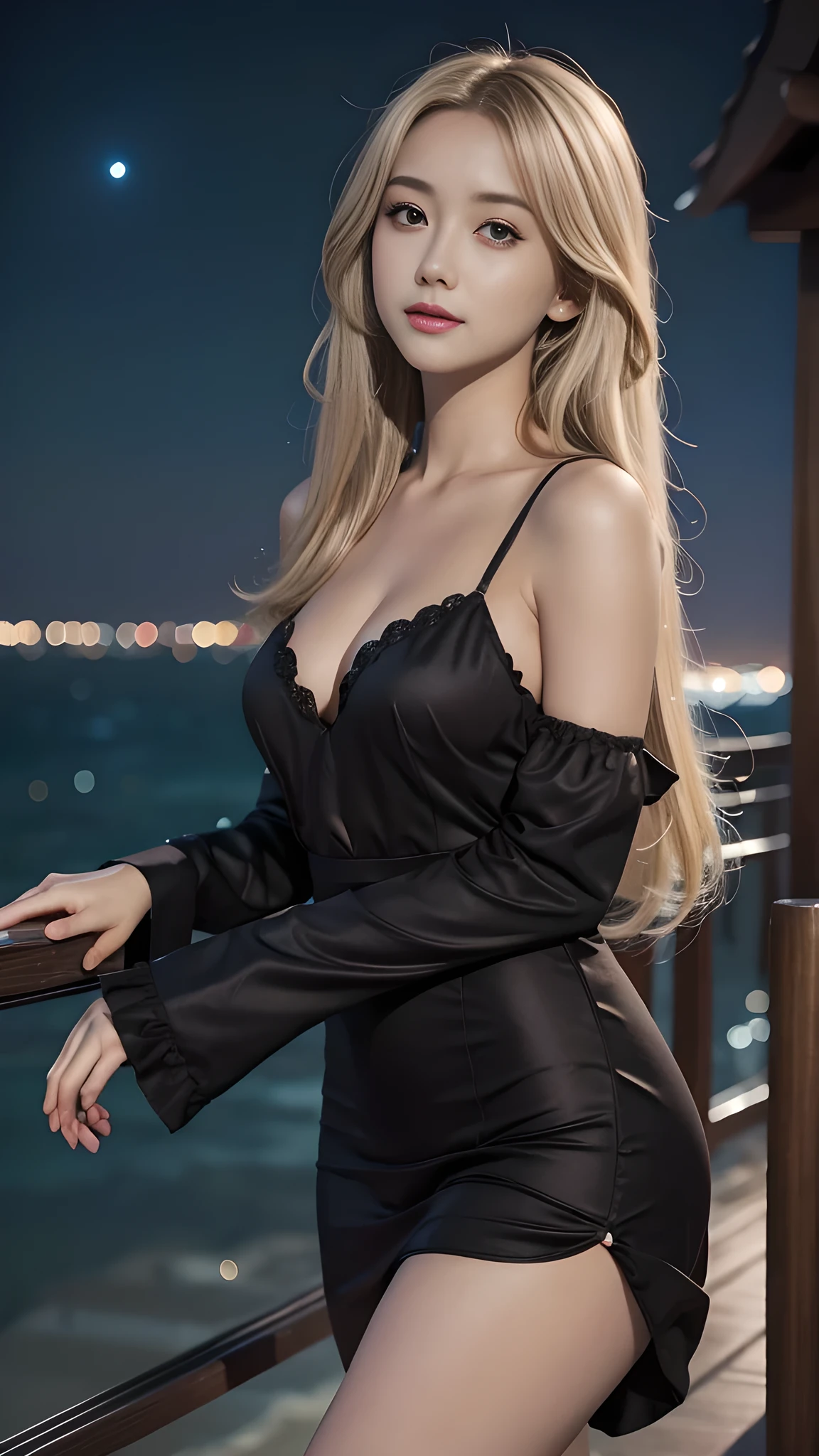 full hd 8k, Girl standing in front of a dark night scene, full moonlight reflecting on her beautiful face. Her long, silky hair was gently blown by the night wind, creating a gentle and romantic feeling. She is walking on a large beach. She looked up at the starry sky, as if searching for something, her eyes showing a pensive and lonely look. The full moon shines in the night sky creating a beautiful scene. The girl has long, strands of hair, Light blonde hair, a luxurious and noble beauty. The moonlight shines on the girl's delicate face, highlighting her large, round light brown eyes, creating a natural, gentle beauty. She wore a sexyly red mini dress to create a sexy beauty. These images capture detailed panoramic portraits and views of the sky and sea. All create a beautiful, wonderful picture that makes people unable to take their eyes off the scene. All of these details are depicted clearly and sharply, creating sexyly poses,