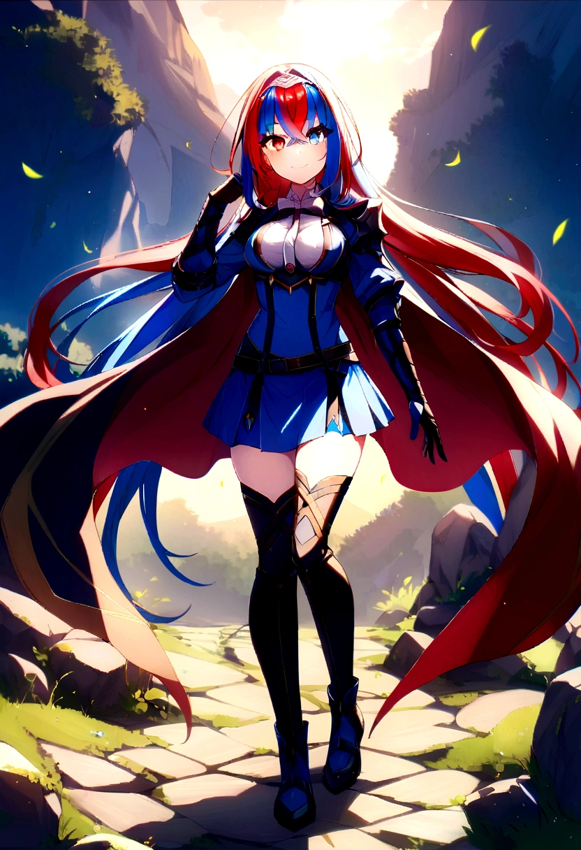 score_9, score_8_up, score_8_up, source_anime BREAK 1girl, solo, aleardef, heterochromia, blue eyes, red eyes, multicolored hair, red hair, blue hair, very long hair, braid, crossed bangs, very long hair, tiara, bowtie, armor, suspenders, blue skirt, thighhighs, gloves, thighhighs, cape, large breasts, smile, outdoors, fantasy, looking at viewer, full body, zettai ryouiki