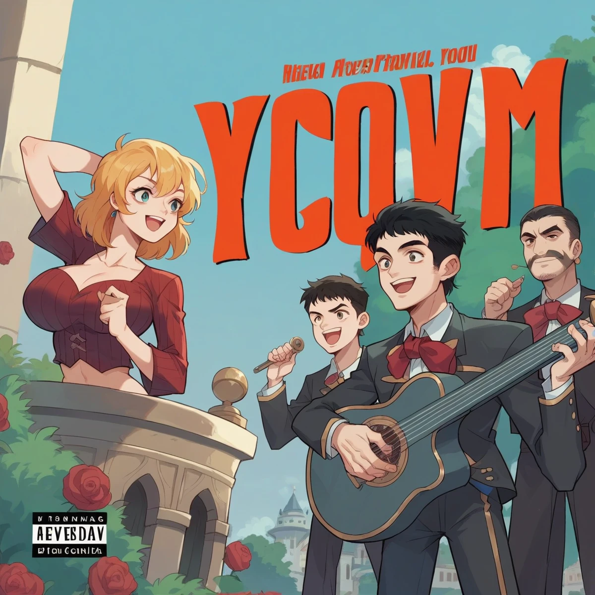 a group of people standing in front of a castle, anime elvis presley, sing for the tear, 2 0 1 9 anime screenshot, two young men, by Shitao, riot entertainment realistic, mexico, cute characters