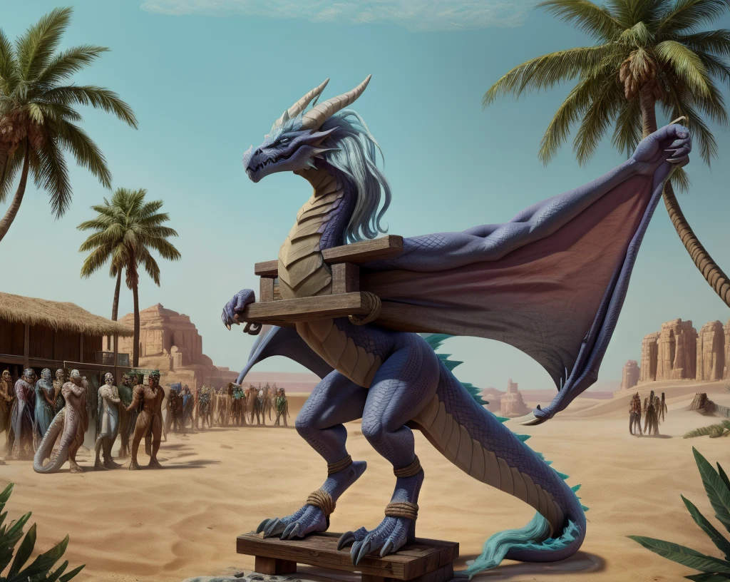 an extremely talented impressionist painting of mature AurothDOTA wyvern in arabic slave market, desert background, palm trees, standing on wooden platform, crowd in arabic hats, masterpiece, best quality, ultra-high-detailed, feral, female, quadripedal, detailed scales, slim body, athletic, curvy, light blue mane, uploaded on e621, nsfw, questionable content, scalie, wings, wyvern, small breats, flat chested, beaten, legs together, legs tied together tightly, bdsm, bound, restrained, arms behind back,(((rope))),ripples, tied up, rope, tally marks on belly, broken rape victim, standing, head put through stocks, focus on face, angry expression, angry face, fury, dragon slave