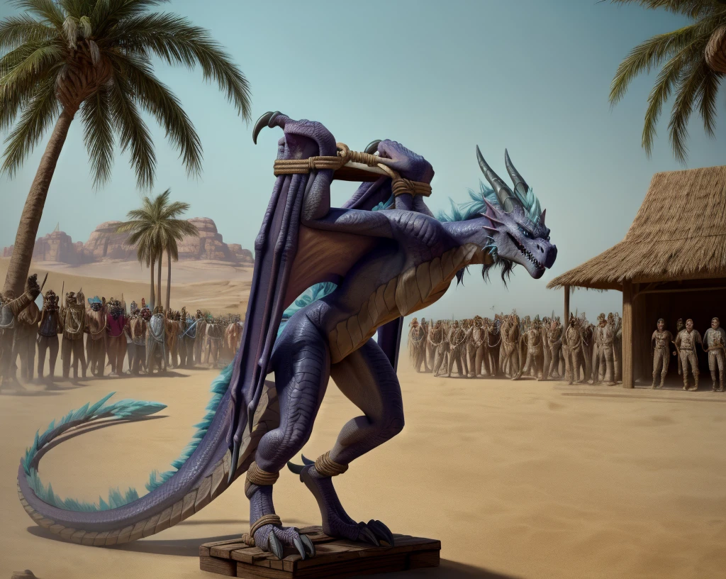 an extremely talented impressionist painting of mature AurothDOTA wyvern in arabic slave market, desert background, palm trees, standing on wooden platform, crowd in arabic hats, masterpiece, best quality, ultra-high-detailed, feral, female, quadripedal, detailed scales, slim body, athletic, curvy, light blue mane, uploaded on e621, nsfw, questionable content, scalie, wings, wyvern, small breats, flat chested, beaten, legs together, legs tied together tightly, bdsm, bound, restrained, arms behind back,(((rope))),ripples, tied up, rope, tally marks on belly, broken rape victim, standing, head put through stocks, focus on face, angry expression, angry face, fury, dragon slave