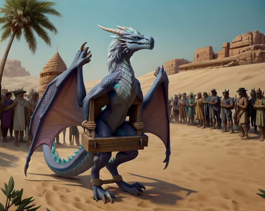 an extremely talented impressionist painting of mature AurothDOTA wyvern in arabic slave market, desert background, palm trees, standing on wooden platform, crowd in arabic hats, masterpiece, best quality, ultra-high-detailed, feral, female, quadripedal, detailed scales, slim body, athletic, curvy, light blue mane, uploaded on e621, nsfw, questionable content, scalie, wings, wyvern, small breats, flat chested, beaten, legs together, legs tied together tightly, bdsm, bound, restrained, arms behind back,(((rope))),ripples, tied up, rope, tally marks on belly, broken rape victim, standing, head put through stocks, focus on face, angry expression, angry face, fury, dragon slave