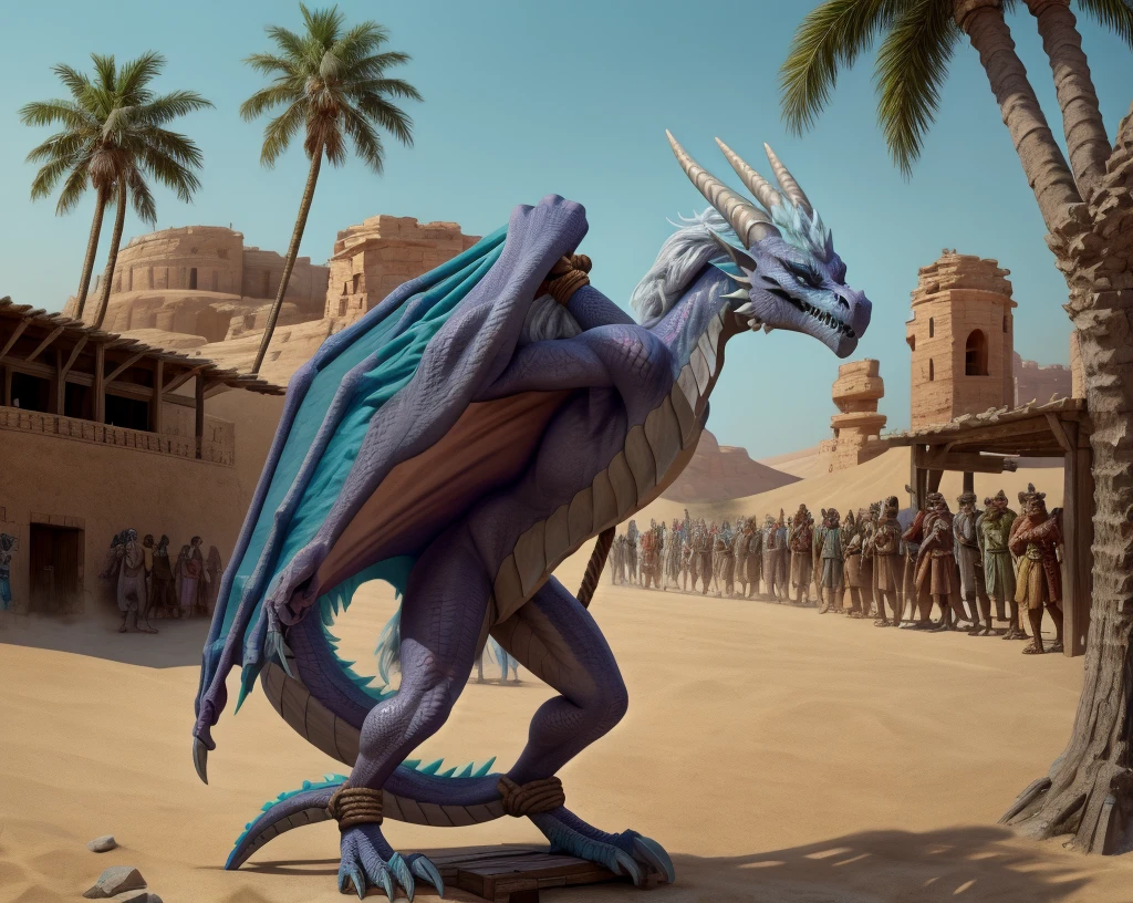 an extremely talented impressionist painting of mature AurothDOTA wyvern in arabic slave market, desert background, palm trees, standing on wooden platform, crowd in arabic hats, masterpiece, best quality, ultra-high-detailed, feral, female, quadripedal, detailed scales, slim body, athletic, curvy, light blue mane, uploaded on e621, nsfw, questionable content, scalie, wings, wyvern, small breats, flat chested, beaten, legs together, legs tied together tightly, bdsm, bound, restrained, arms behind back,(((rope))),ripples, tied up, rope, tally marks on belly, broken rape victim, standing, head put through stocks, focus on face, angry expression, angry face, fury, dragon slave