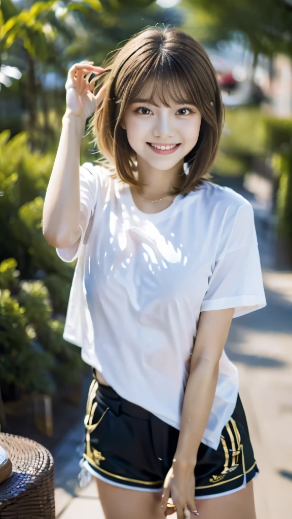 Highest quality、Precise beauty、Beautiful long hair woman、The most beautiful woman in the world、Beautiful and sharp face、21 years old、Smooth hair that looks blonde、Golden Hair、Blonde Hair、ロングヘアーVery detailed顔、Cute Smile、Big eyes、Small face、Ample breasts、T-Shirts、High resolution、8k wallpaper、The gesture of pulling up the hair、Very detailed、masterpiece、Very bright photo、One woman、Shorts、Beautiful legs