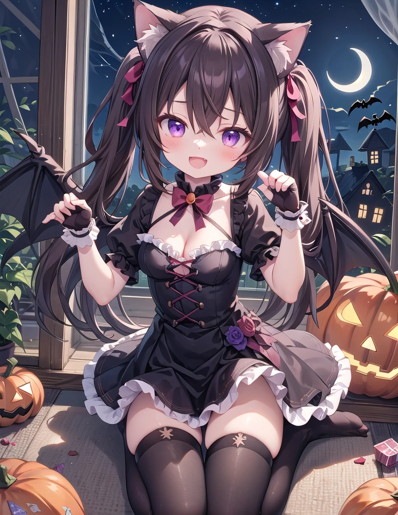 masterpiece,best quality,high quality,(colorful),[Artist miwano rag],[Artist chen bin],[Artist wlop:1], Artist mochizuki riku, 1girl, animal ears, thighhighs, solo, breasts, twintails, purple eyes, wings, cleavage, fang, dress, long hair, halloween, cat ears, smile, black thighhighs, brown hair, black dress, window, medium breasts, wrist cuffs, looking at viewer, very long hair, string of flags, frills, animal ear fluff, candle, night, moon, jack-o'-lantern, candy, crescent moon, hairband, blush, pennant, bell, food, frilled hairband, open mouth, :d, puffy sleeves, bow, gloves, no shoes, bat wings, short sleeves, puffy short sleeves, bat (animal), hair between eyes, fingerless gloves, indoors, detached sleeves, single thighhigh, hair ornament, cat girl