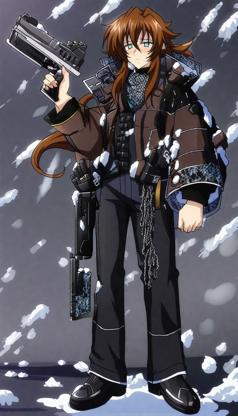 19 years old, skin as pale as clear snow, knee length golden/datk brown hair, dark greenish-yellow blue eyes, 6.4 foot tall, cold hearted, dark long-sleeved jacket woth a high collar, long dark pants black shoe's, a cold emotionless expression, a mix between cyberpunk and steampunk, carries a large black heavy hand cannon (handgun but made to fire much larger calibres of ammunition) male focus, Long hair, male, Male_DxD_Lora, top quality,