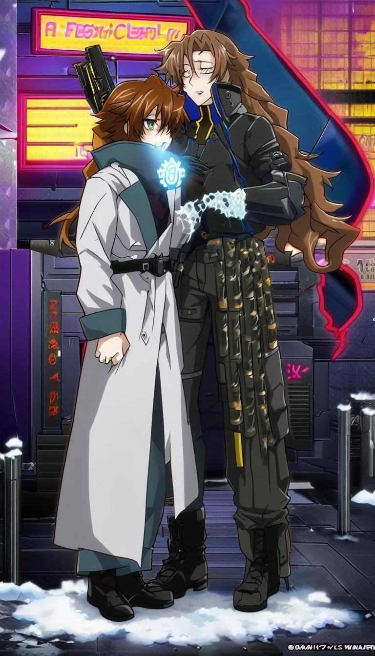 19 years old, skin as pale as clear snow, knee length golden/datk brown hair, dark greenish-yellow blue eyes, 6.4 foot tall, cold hearted, dark long-sleeved jacket woth a high collar, long dark pants black shoe's, a cold emotionless expression, a mix between cyberpunk and steampunk, carries a large black heavy hand cannon (handgun but made to fire much larger calibres of ammunition) male focus, Long hair, male, Male_DxD_Lora, top quality,
