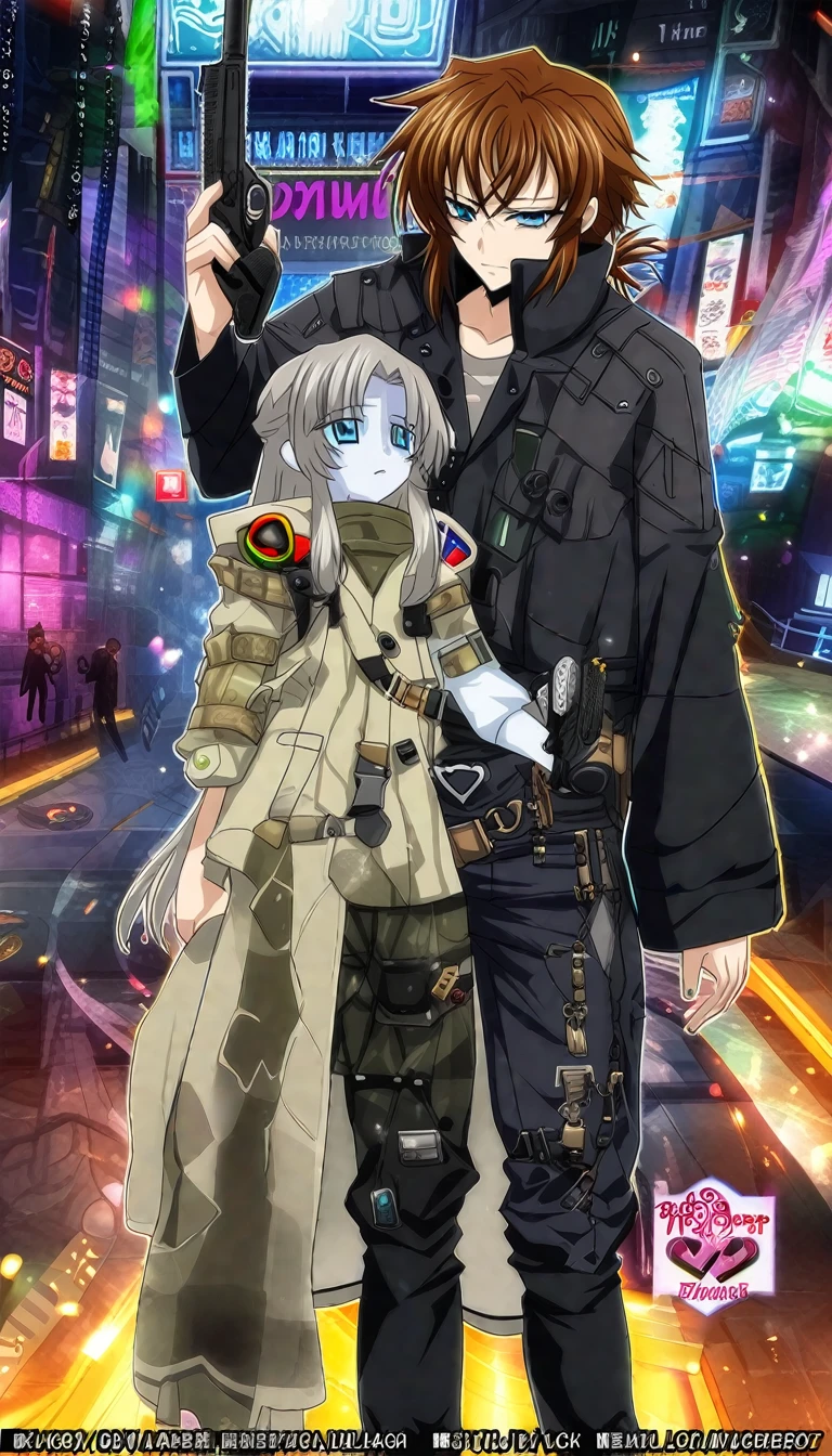 19 years old, skin as pale as clear snow, knee length golden/datk brown hair, dark greenish-yellow blue eyes, 6.4 foot tall, cold hearted, dark long-sleeved jacket woth a high collar, long dark pants black shoe's, a cold emotionless expression, a mix between cyberpunk and steampunk, carries a large black heavy hand cannon (handgun but made to fire much larger calibres of ammunition) male focus, Long hair, male, Male_DxD_Lora, top quality,