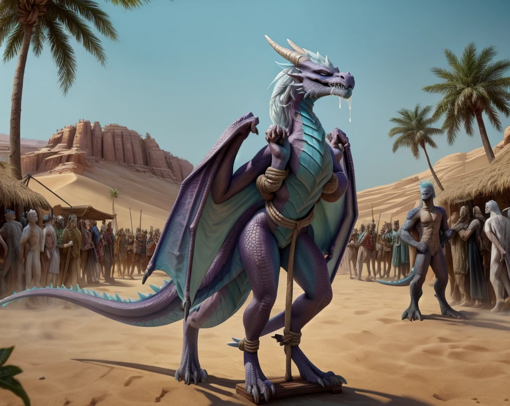 an extremely talented impressionist painting of mature AurothDOTA wyvern in arabic slave market, desert background, palm trees, standing on wooden platform, crowd in arabic hats, masterpiece, best quality, ultra-high-detailed, feral, female, quadripedal, detailed scales, slim body, athletic, curvy, light blue mane, uploaded on e621, nsfw, questionable content, scalie, wings, wyvern, small breats, flat chested, beaten, legs together, legs tied together tightly, bdsm, bound, restrained, arms behind back,(((rope))),ripples, tied up, rope, tally marks on belly, broken rape victim, standing, head put through stocks, focus on face, angry expression, angry face, fury, dragon slave, showing cum in mouth, cum running down legs