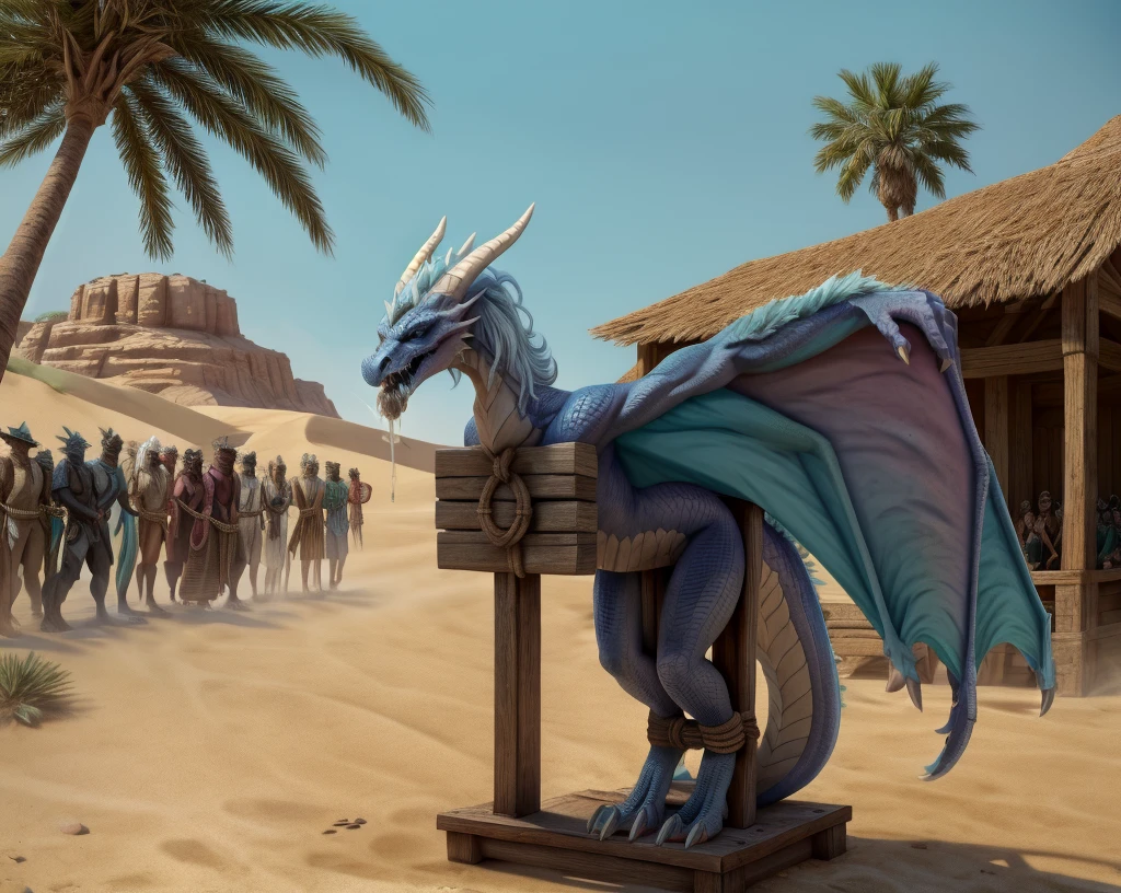 an extremely talented impressionist painting of mature AurothDOTA wyvern in arabic slave market, desert background, palm trees, standing on wooden platform, crowd in arabic hats, masterpiece, best quality, ultra-high-detailed, feral, female, quadripedal, detailed scales, slim body, athletic, curvy, light blue mane, uploaded on e621, nsfw, questionable content, scalie, wings, wyvern, small breats, flat chested, beaten, legs together, legs tied together tightly, bdsm, bound, restrained, arms behind back,(((rope))),ripples, tied up, rope, tally marks on belly, broken rape victim, standing, head put through stocks, focus on face, angry expression, angry face, fury, dragon slave, showing cum in mouth, cum running down legs