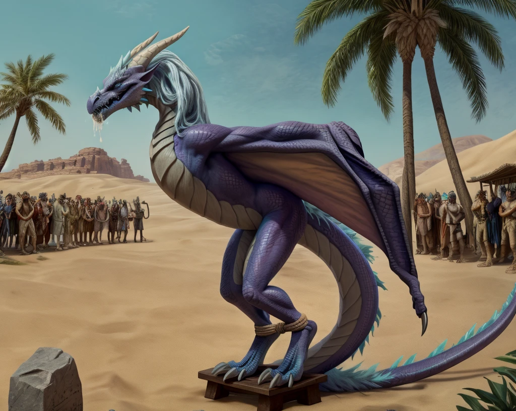 an extremely talented impressionist painting of mature AurothDOTA wyvern in arabic slave market, desert background, palm trees, standing on wooden platform, crowd in arabic hats, masterpiece, best quality, ultra-high-detailed, feral, female, quadripedal, detailed scales, slim body, athletic, curvy, light blue mane, uploaded on e621, nsfw, questionable content, scalie, wings, wyvern, small breats, flat chested, beaten, legs together, legs tied together tightly, bdsm, bound, restrained, arms behind back,(((rope))),ripples, tied up, rope, tally marks on belly, broken rape victim, standing, head put through stocks, focus on face, angry expression, angry face, fury, dragon slave, showing cum in mouth, cum running down legs