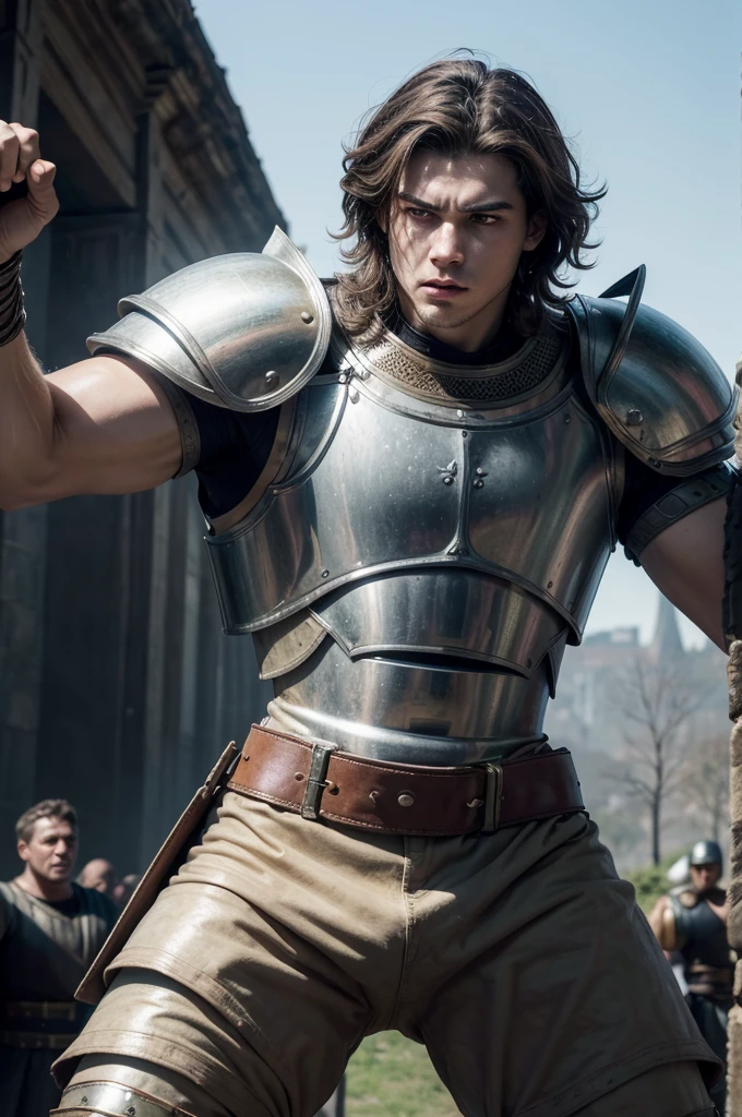 ((melhor qualidader)), ((trabalho de arte)), (detalhado) It was a fantastic medieval era, a 19-year-old warrior man, white, strong, medium brown hair, with his plate armor broken, fighting against a 200 meter tall colossus, holding the colossus's punch with both hands, with all his strength. strength, in fury