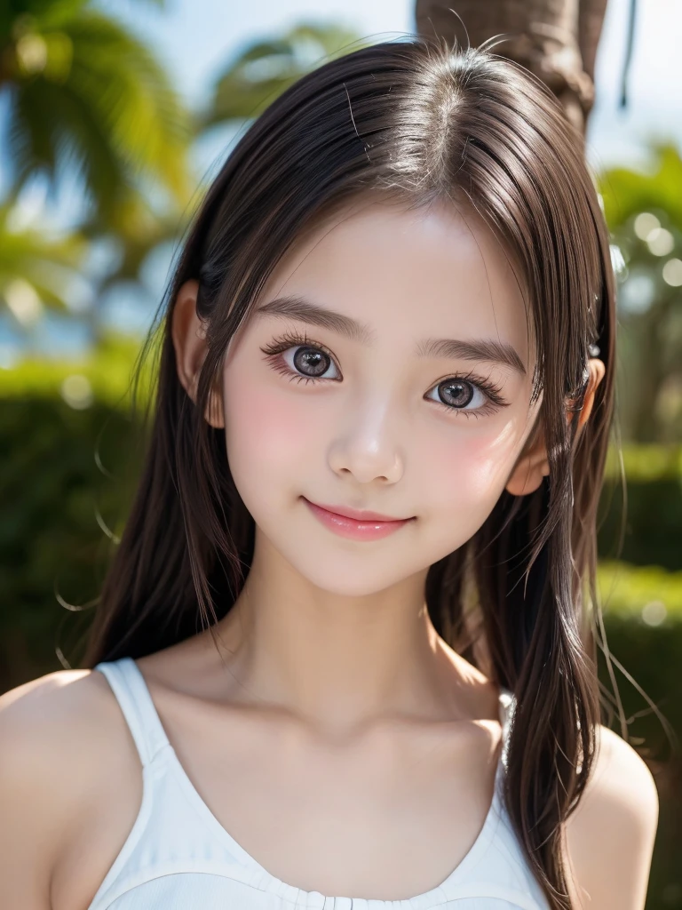 One Girl，Very cute girl at 16 years old，Big eyes:0.5，The face is facing straight ahead，Body facing forward，Beautiful nose，Fuller lips，Short black hair，ponytail，Detailed eyelashes，Thin eyebrows，Symmetrical eyes，Face close-up，White swimsuit，Portrait，View Viewer, half smile:0.5,