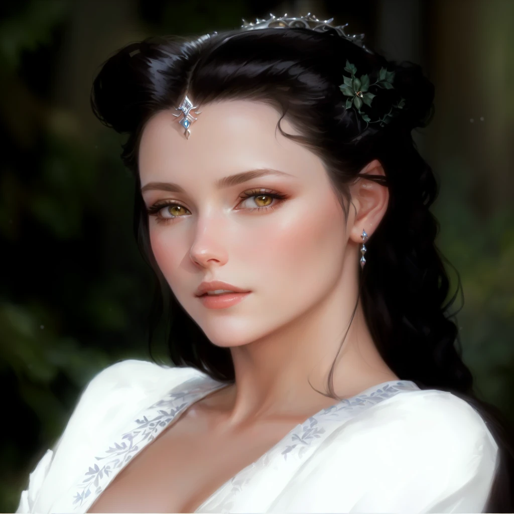 a close up of a woman wearing a white dress and a tiable, work of art! portrait of arwen, beautiful maiden, beautiful elven princess, beautiful fantasy art portrait, very beautiful elven top model, beautiful maiden de fantasia, Elven Princess, portrait of snow white, pale, snow-white skin, beautiful fantasy portrait, ((a beautiful fantasy empress)), beautiful photorealistic face