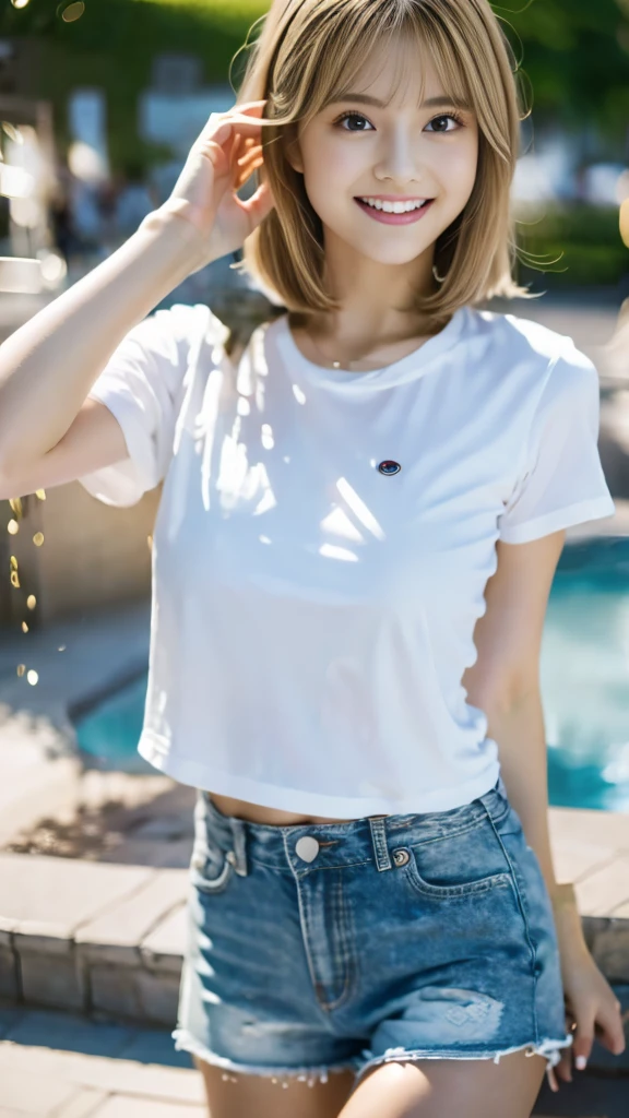 Highest quality、Precise beauty、Beautiful long hair woman、The most beautiful woman in the world、Beautiful and sharp face、21 years old、Smooth hair that looks blonde、Golden Hair、Blonde Hair、ロングヘアーVery detailed顔、Cute Smile、Big eyes、Small face、Ample breasts、T-Shirts、High resolution、8k wallpaper、The gesture of pulling up the hair、Very detailed、masterpiece、Very bright photo、One woman、Shorts、Beautiful legs