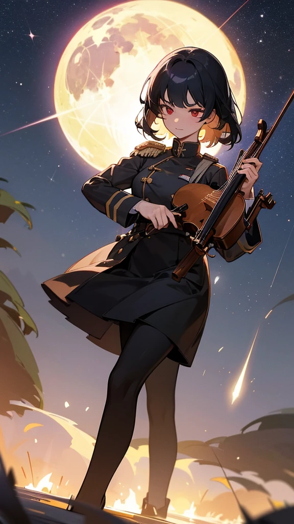 A girl in a military uniform playing the violin, with black hair and glassy red eyes, a serious gaze, under a night sky filled with stars and a single comet. She is positioned over a lake, depicted in a full shot, with light particles overflowing from her feet. The scene is sprinkled with additional light particles and has a bokeh effect. Requesting high quality, high resolution, a masterpiece, and the best shot.