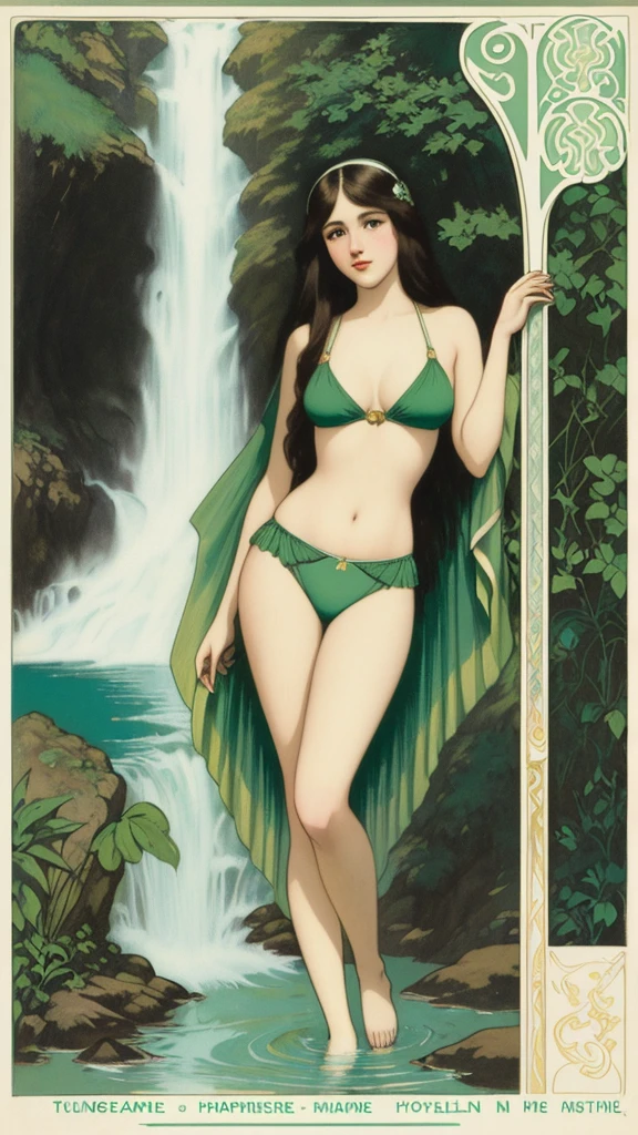 age girl, long brunette hair, light green bikini, graffiti text pattern, shapely, sexy, standing at waterfall. Antique Art Nouveau art by Raphael Kirchner. Vintage pastel color palette.