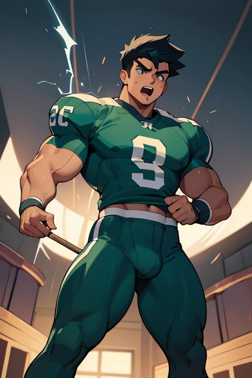 Danny Phantom, ghost, hypnosis, jock, conversion, locker room, hyper muscles, jockstrap, bro, meathead, hypnotized, brainwashed, brainwashing, big dumb jock, football. Danny Fenton is hypnotized by Dash to become another dumb football jock bro. Glowing green eyes. Hyper crotch bulge. Massive bulging crotch. Big balls. Big biceps. Big triceps. Big traps. Broad shoulders. Big meaty pecs. Big thighs. Thick glutes. Football team assimilation. "Me? On the football team? With DASH? Are you crazy?! I would–! I would—! I ... I ... WOULD LOVE TO, BRO. Why didn't you ask me sooner...?" Deep dull voice. glazed expression. dumber and dumber. Open mouth. Clothes turning into a football uniform.