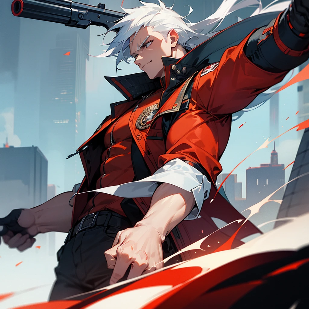 Man with muscles, red jacket, hold two guns, white hair, point guns* dynamic pose, city wallpaper