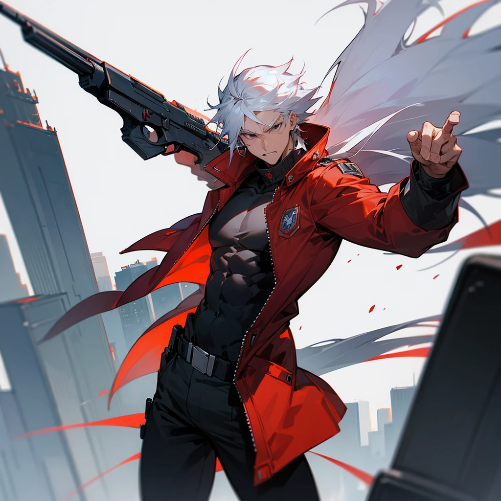 Man with muscles, red jacket, hold two guns, white hair, point guns* dynamic pose, city wallpaper