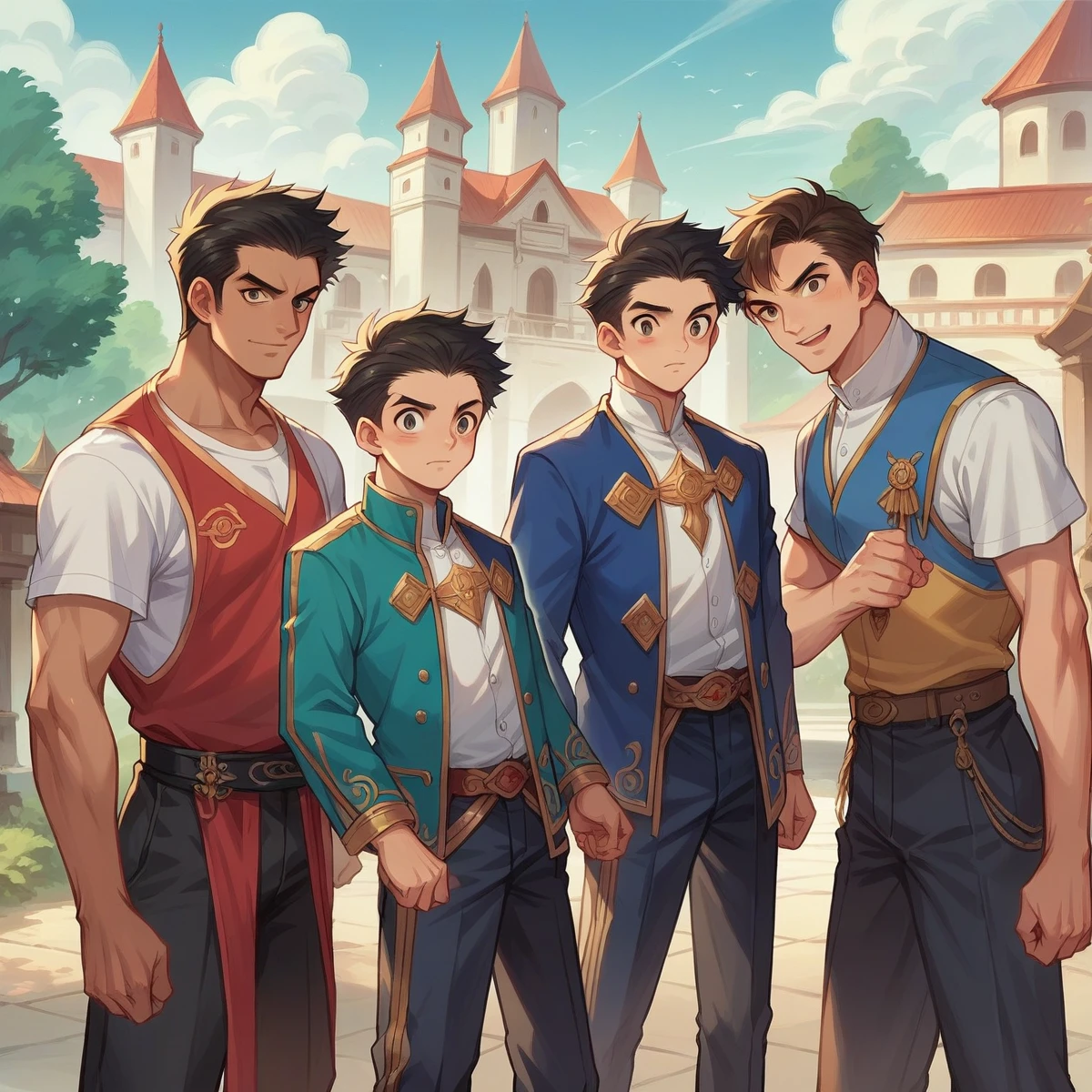 a group of people standing in front of a castle, anime elvis presley, sing for the tear, 2 0 1 9 anime screenshot, two young men, by Shitao, riot entertainment realistic, mexico, cute characters
