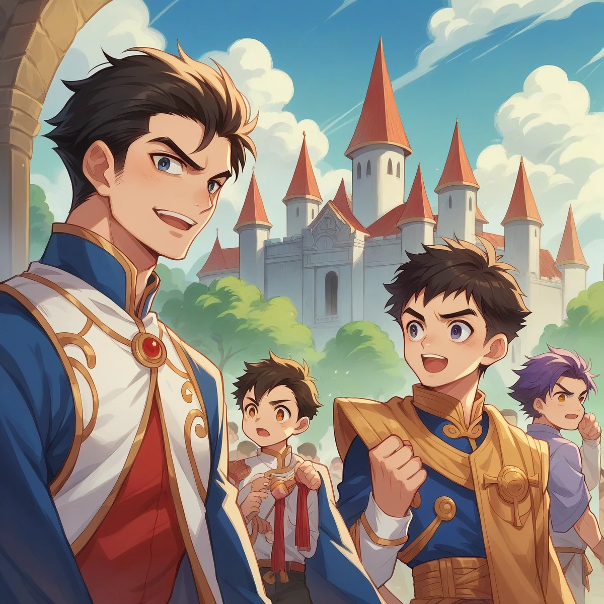 a group of people standing in front of a castle, anime elvis presley, sing for the tear, 2 0 1 9 anime screenshot, two young men, by Shitao, riot entertainment realistic, mexico, cute characters