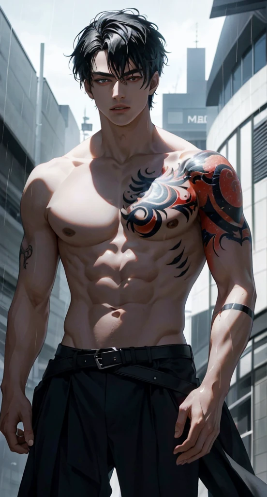 8K, complicated, elegant, Very detailed, majestic, Digital Photography, Surrealism, Thrilling Magic, Winding flame, (masterpiece, Side Light, Beautiful and delicate eyes: 1.2), HDR, (Bright red eyes)), Topless, (bright tattoo), chico Handsome, Black Hair, muscle, rain, Handsome, masterpiece,full-body shot