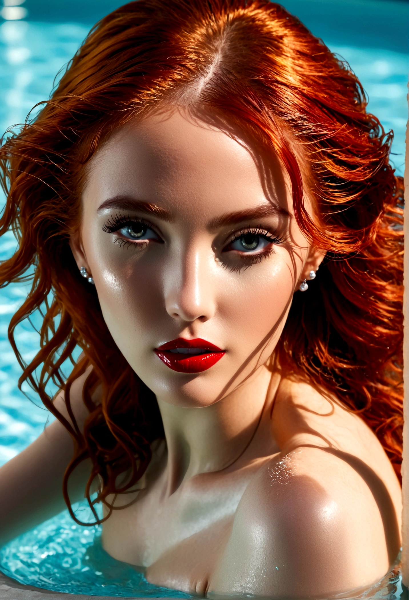 a glamorous woman with red hair and a sexy figure, exiting a pool, tossing her hair and sending out a fan of water, high quality, hyper-realistic, 8k, professional photography, dramatic lighting, chiaroscuro, cinematic, dramatic, sensual, elegant, mature, sophisticated, alluring, confident, seductive, captivating, striking pose, dynamic motion, crystal clear water, glowing skin, shimmering droplets, volumized hair, beautiful detailed face, full red lips, long eyelashes, flawless complexion, hourglass figure, slender legs, high heels, exuding confidence and sex appeal
