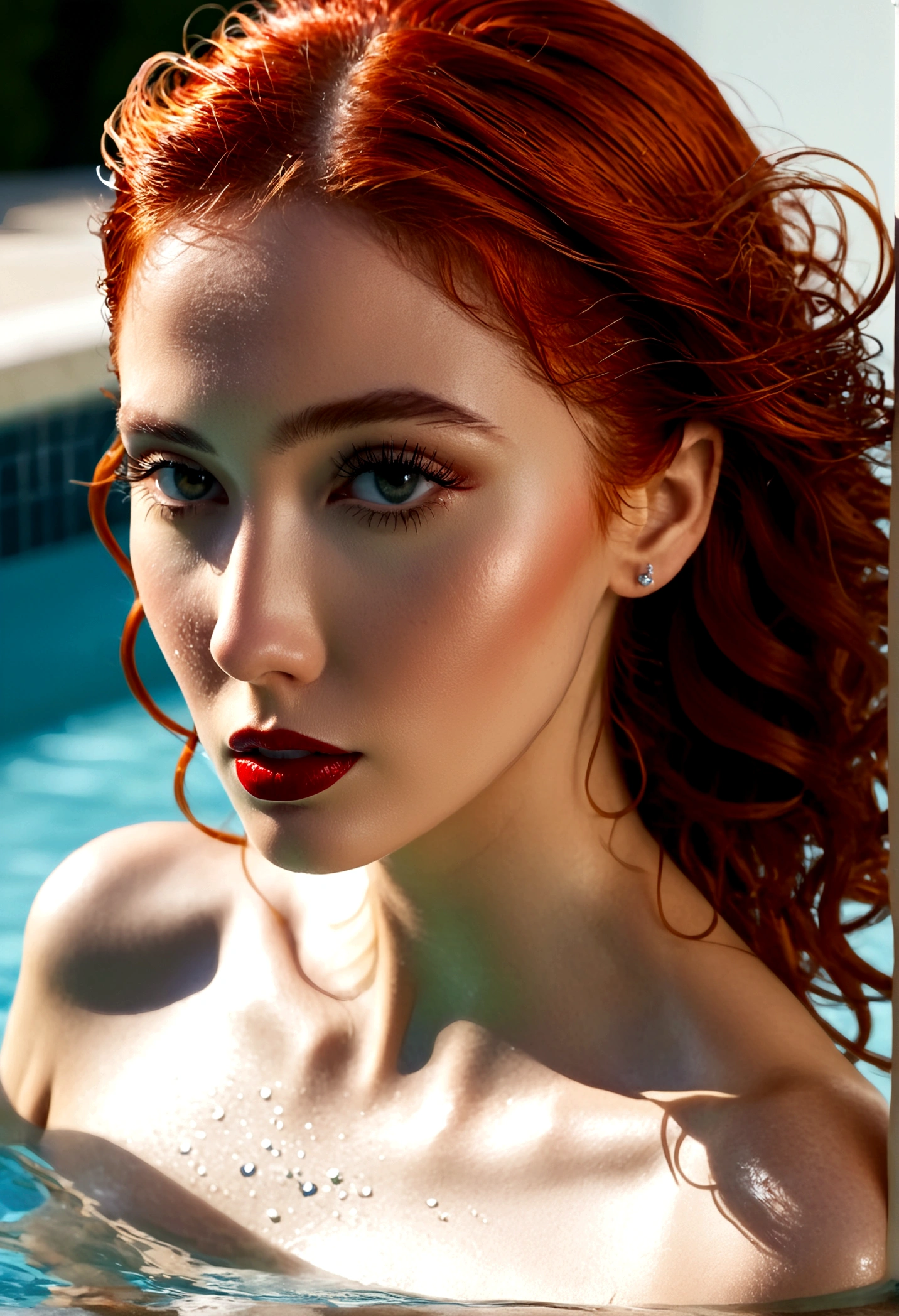 a glamorous woman with red hair and a sexy figure, exiting a pool, tossing her hair and sending out a fan of water, high quality, hyper-realistic, 8k, professional photography, dramatic lighting, chiaroscuro, cinematic, dramatic, sensual, elegant, mature, sophisticated, alluring, confident, seductive, captivating, striking pose, dynamic motion, crystal clear water, glowing skin, shimmering droplets, volumized hair, beautiful detailed face, full red lips, long eyelashes, flawless complexion, hourglass figure, slender legs, high heels, exuding confidence and sex appeal
