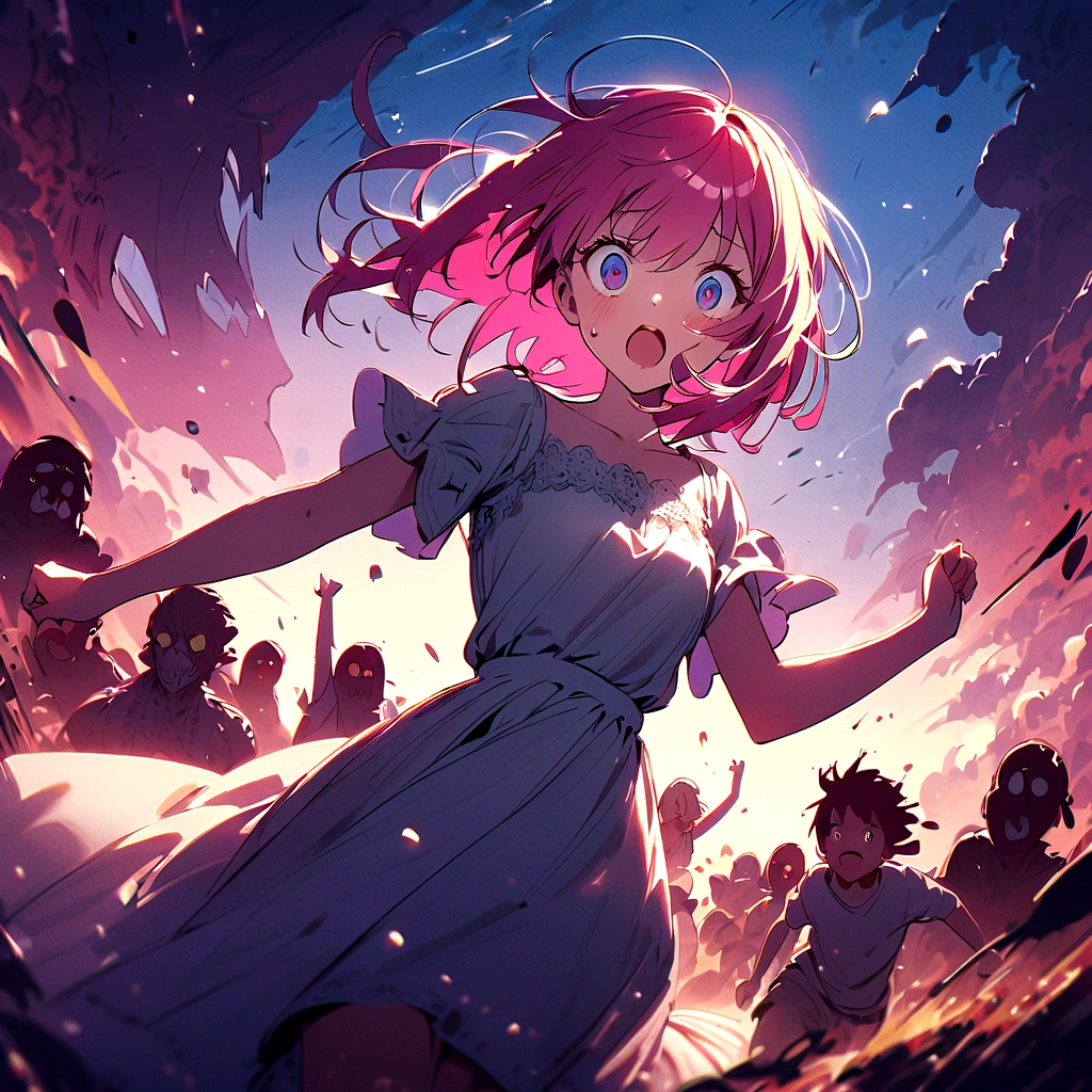 Girl with pink hair、Surprised、fear、Mouth half open、With eyes wide open、I'm horrified、Run away、Sweat、Run away from monsters
