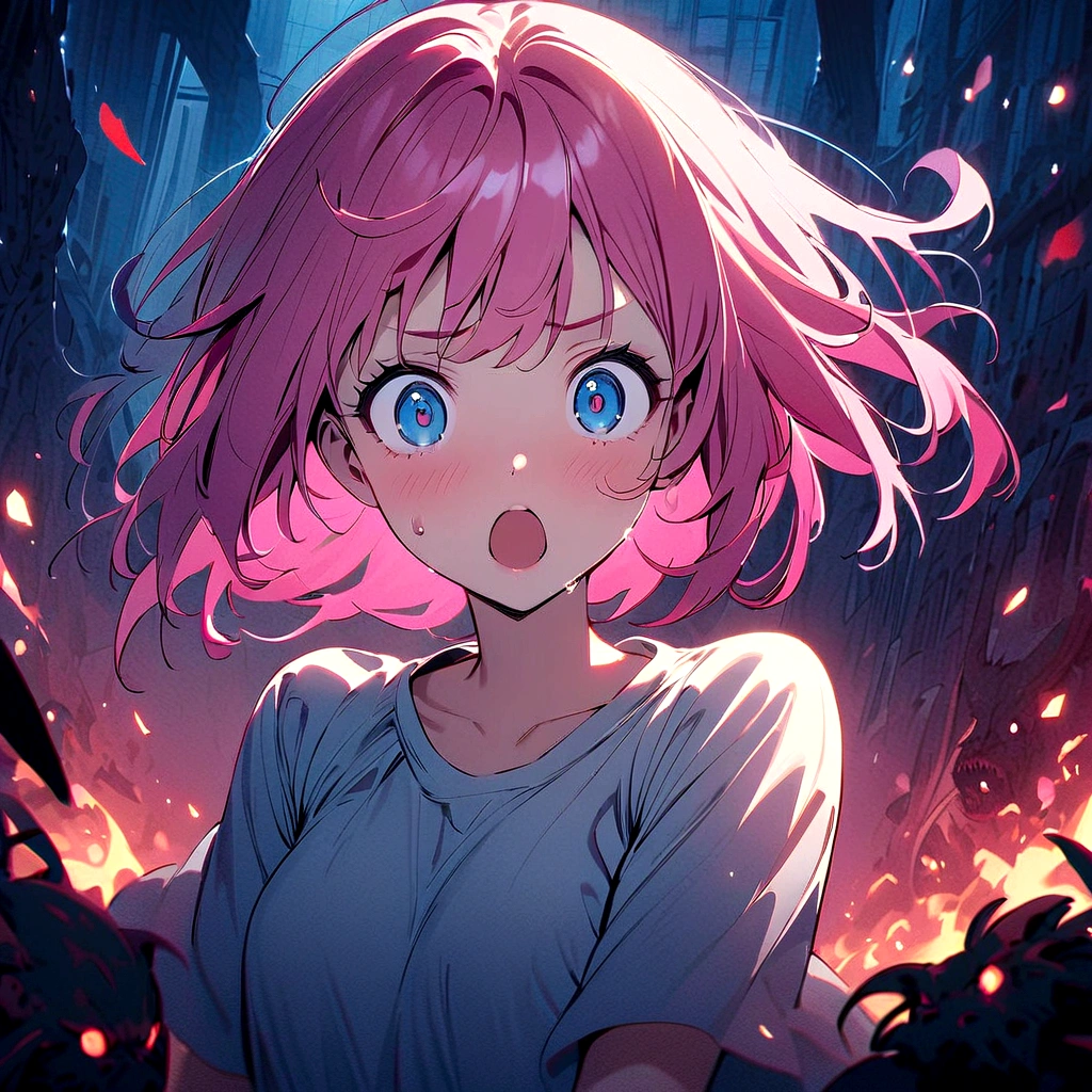 Girl with pink hair、Surprised、fear、Mouth half open、With eyes wide open、I&#39;m horrified、Run away、Sweat、Run away from monsters